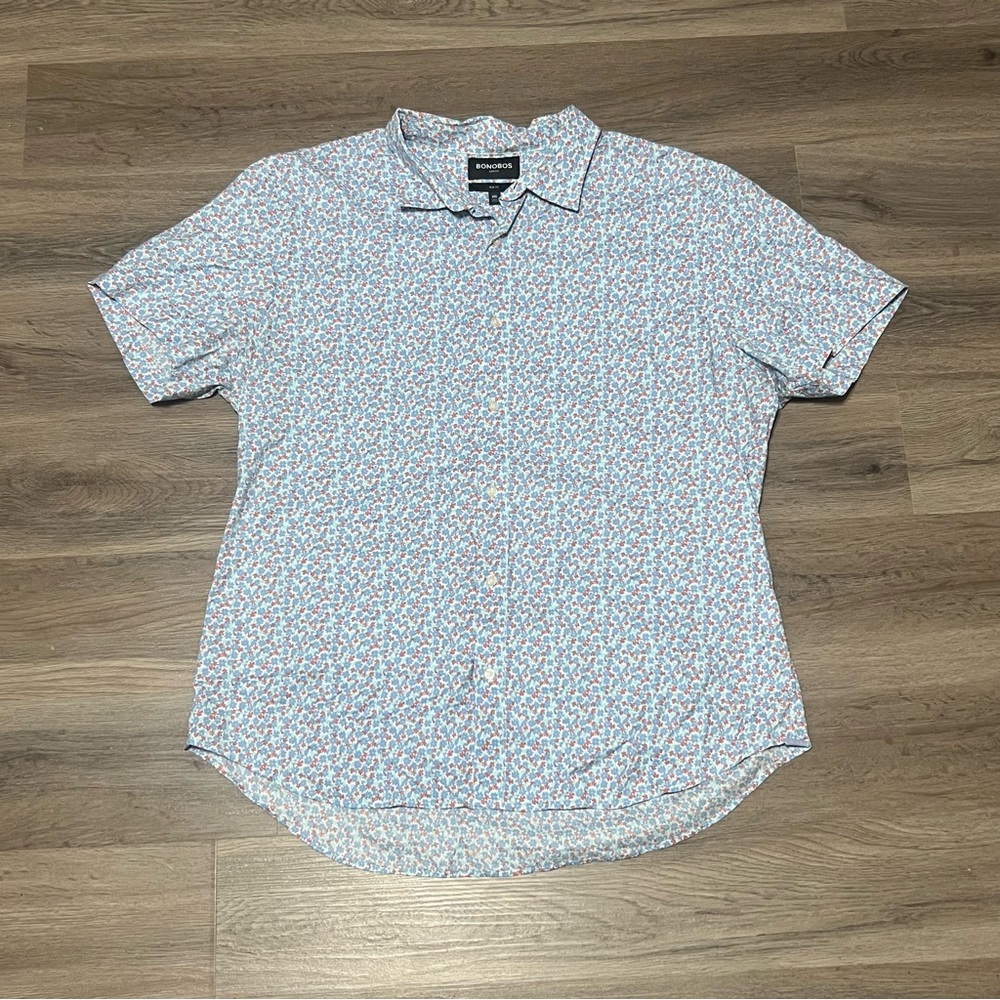 Bonobos XXL Button Up Shirt Blue Floral Slim Fit Short Sleeve Cotton Stretch